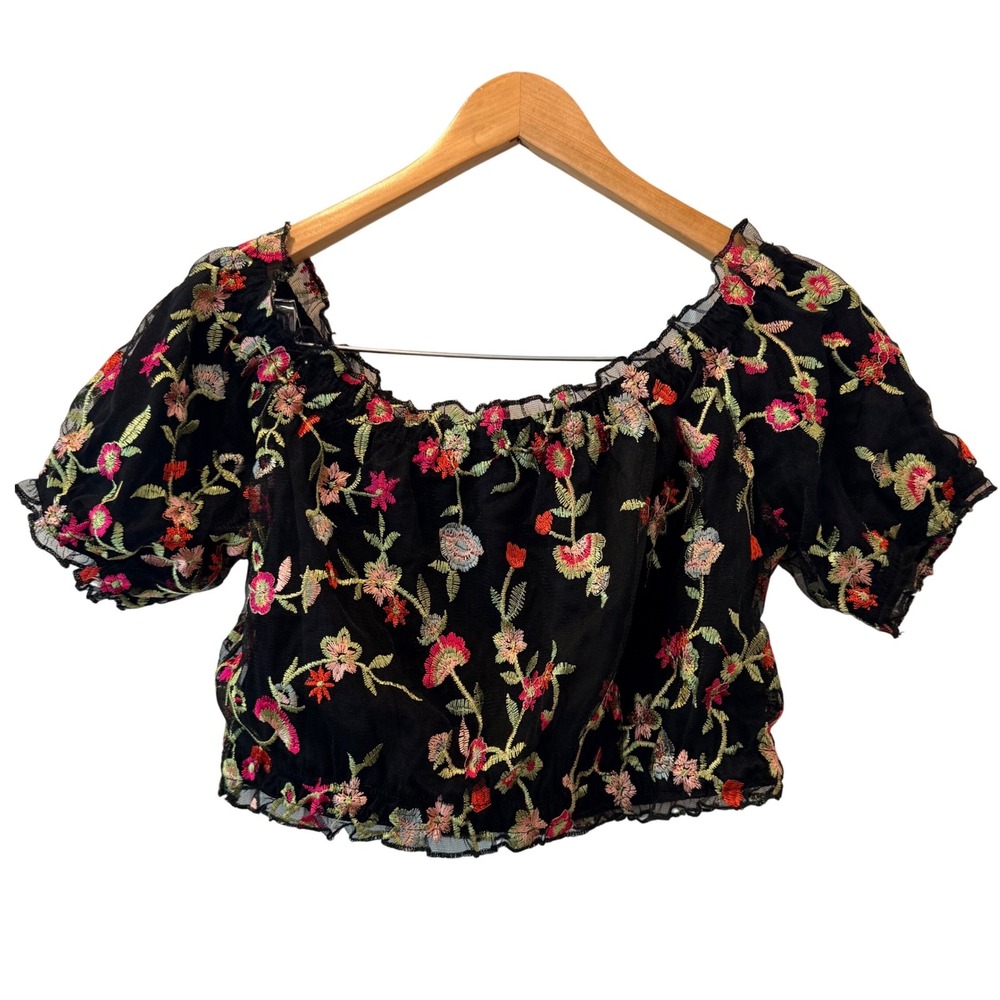 Whimsigoth Floral Puff Sleeve Embroider Mesh Crop Top Off Shoulder Puff Sleeve M